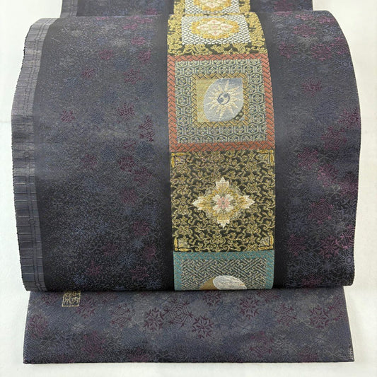 【美品】 袋帶 名品級 じゅらく 落款あり 華紋 幾何學 金絲 金金箔 青紫 六通 純蠶絲