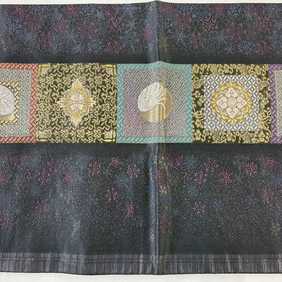 【美品】 袋帶 名品級 じゅらく 落款あり 華紋 幾何學 金絲 金金箔 青紫 六通 純蠶絲