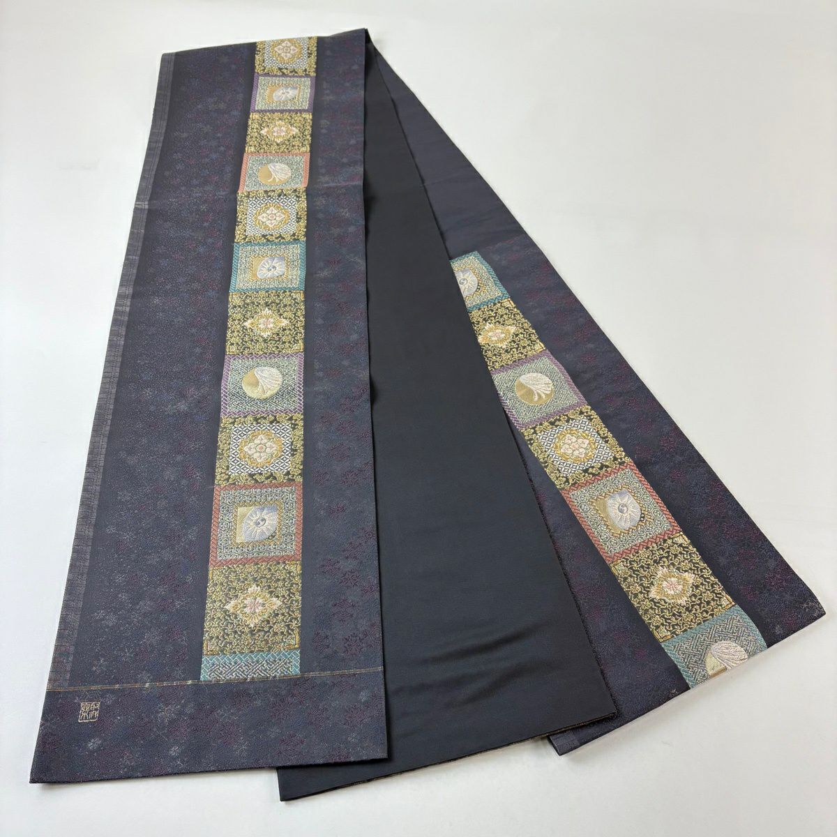【美品】 袋帶 名品級 じゅらく 落款あり 華紋 幾何學 金絲 金金箔 青紫 六通 純蠶絲