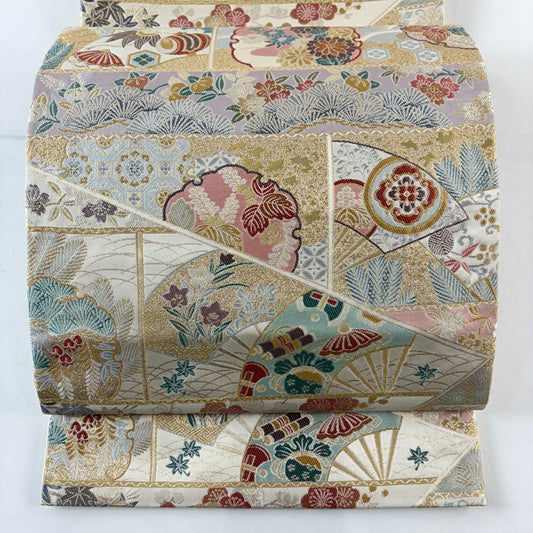 【美品】 袋帶 名品級 春秋寶祥紋 雪輪 金絲 金金箔 奶油 六通 純蠶絲