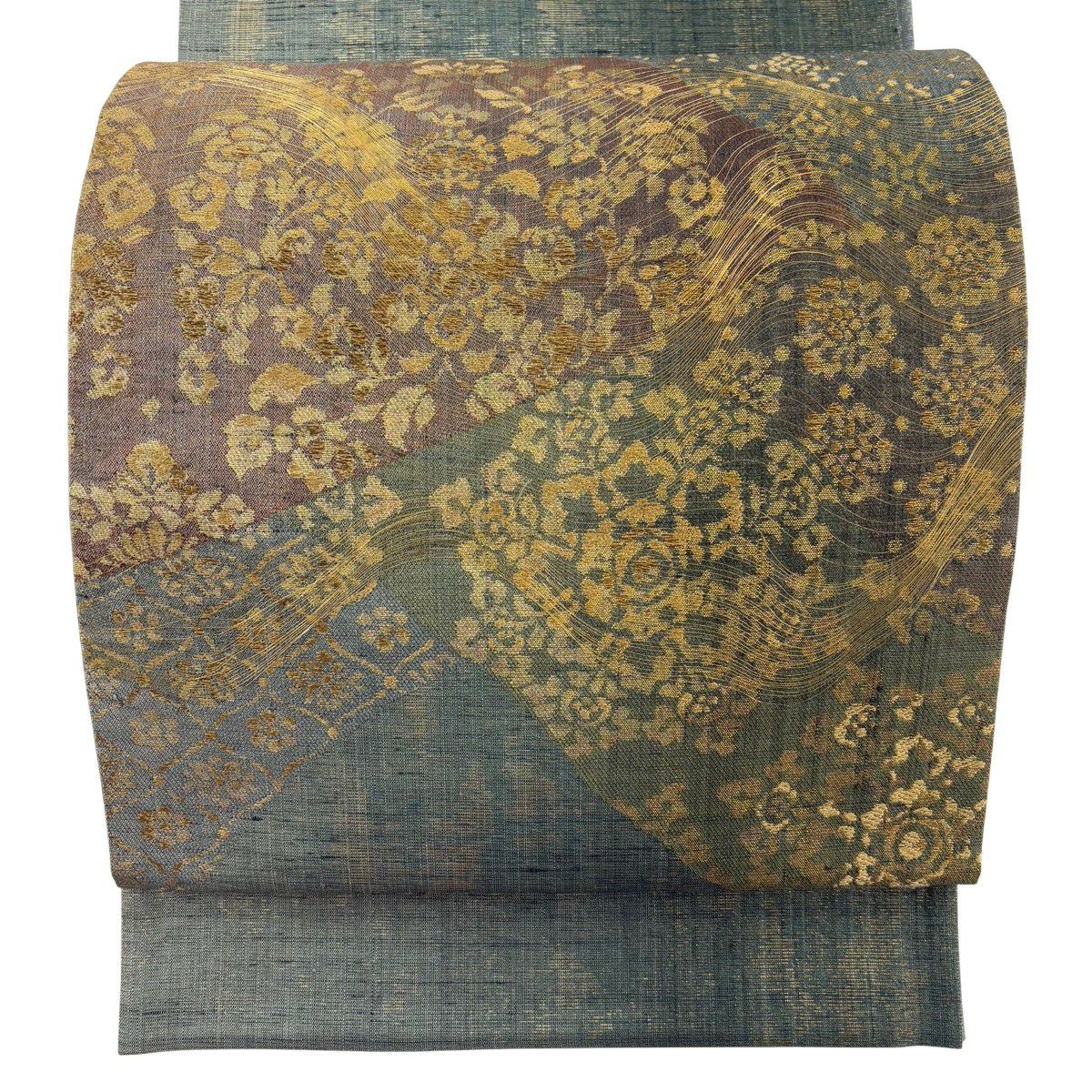 【美品】 袋帶 名品級 草花紋紋 金絲 金金箔 灰綠色 大鼓圖案 純蠶絲
