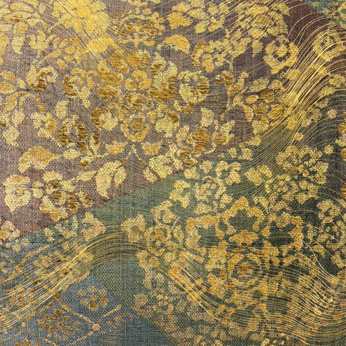 【美品】 袋帶 名品級 草花紋紋 金絲 金金箔 灰綠色 大鼓圖案 純蠶絲
