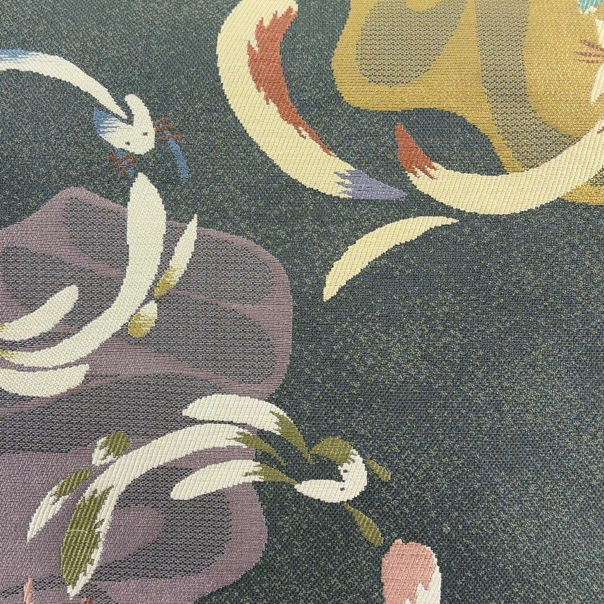 【美品】 袋帶 名品級 狐狸 灰綠 六通 純蠶絲