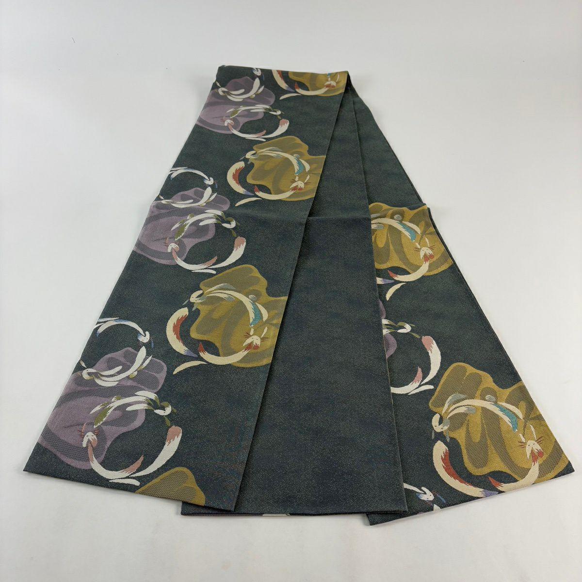 【美品】 袋帶 名品級 狐狸 灰綠 六通 純蠶絲