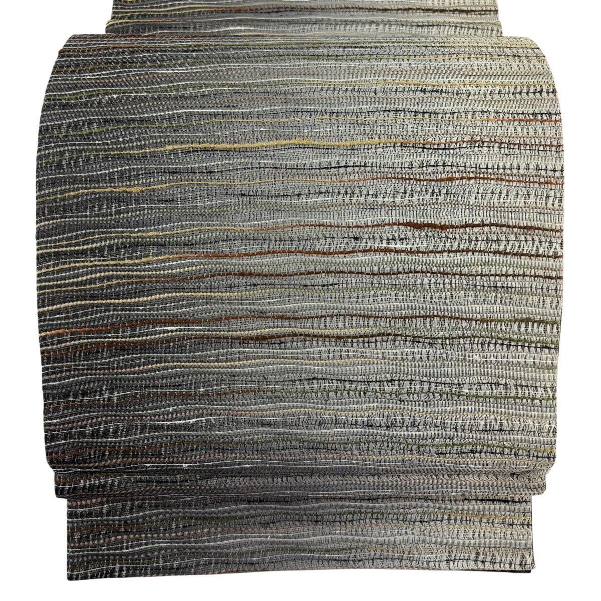 【美品】 袋帶 名品級 縞 金絲 灰色 全通 純蠶絲