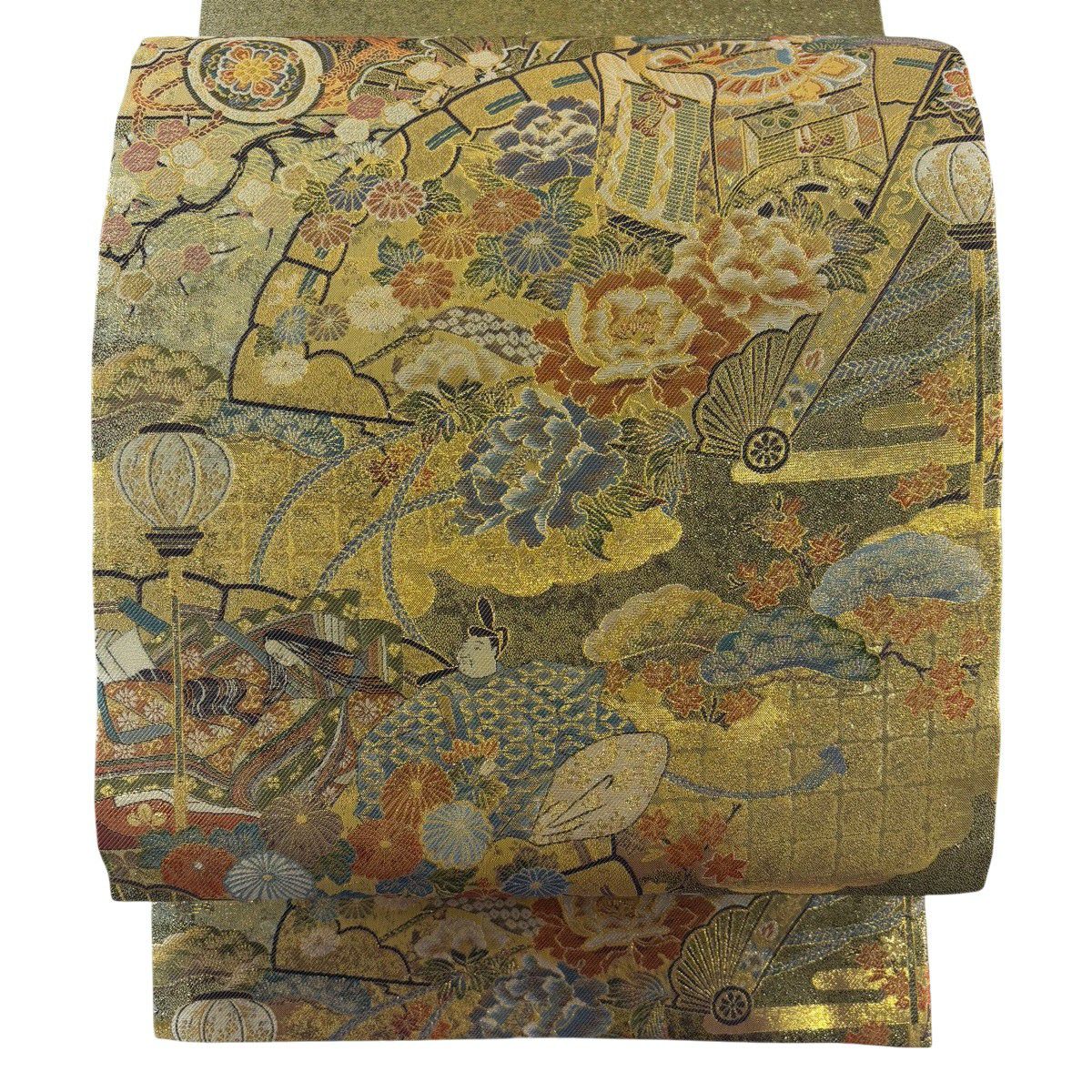 【美品】 袋帶 名品級 桧扇子 神美術 金絲 金金箔 金色 大鼓圖案 純蠶絲