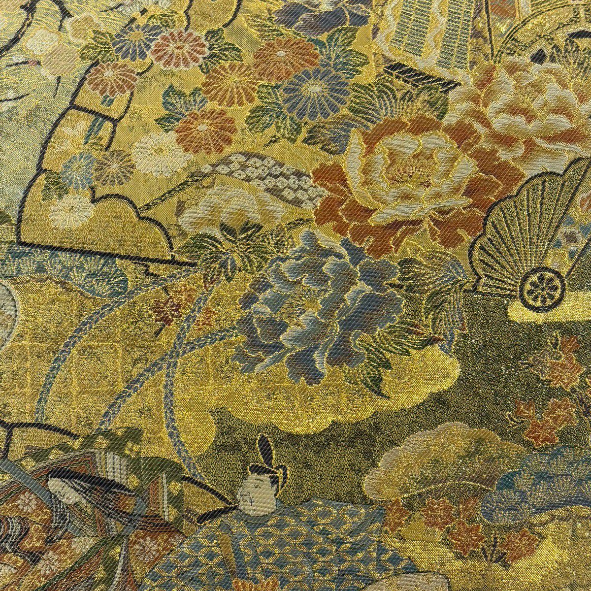 【美品】 袋帶 名品級 桧扇子 神美術 金絲 金金箔 金色 大鼓圖案 純蠶絲
