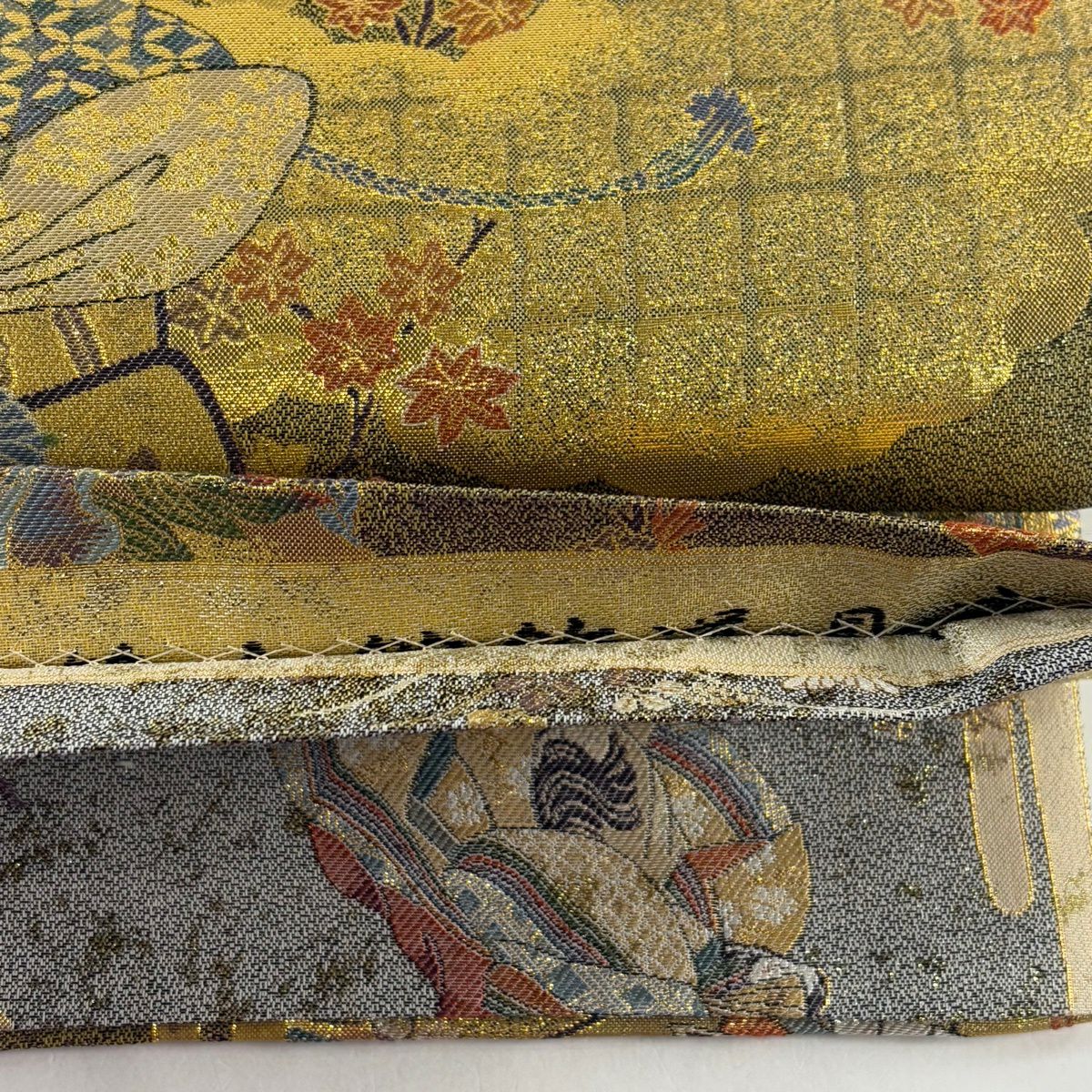 【美品】 袋帶 名品級 桧扇子 神美術 金絲 金金箔 金色 大鼓圖案 純蠶絲