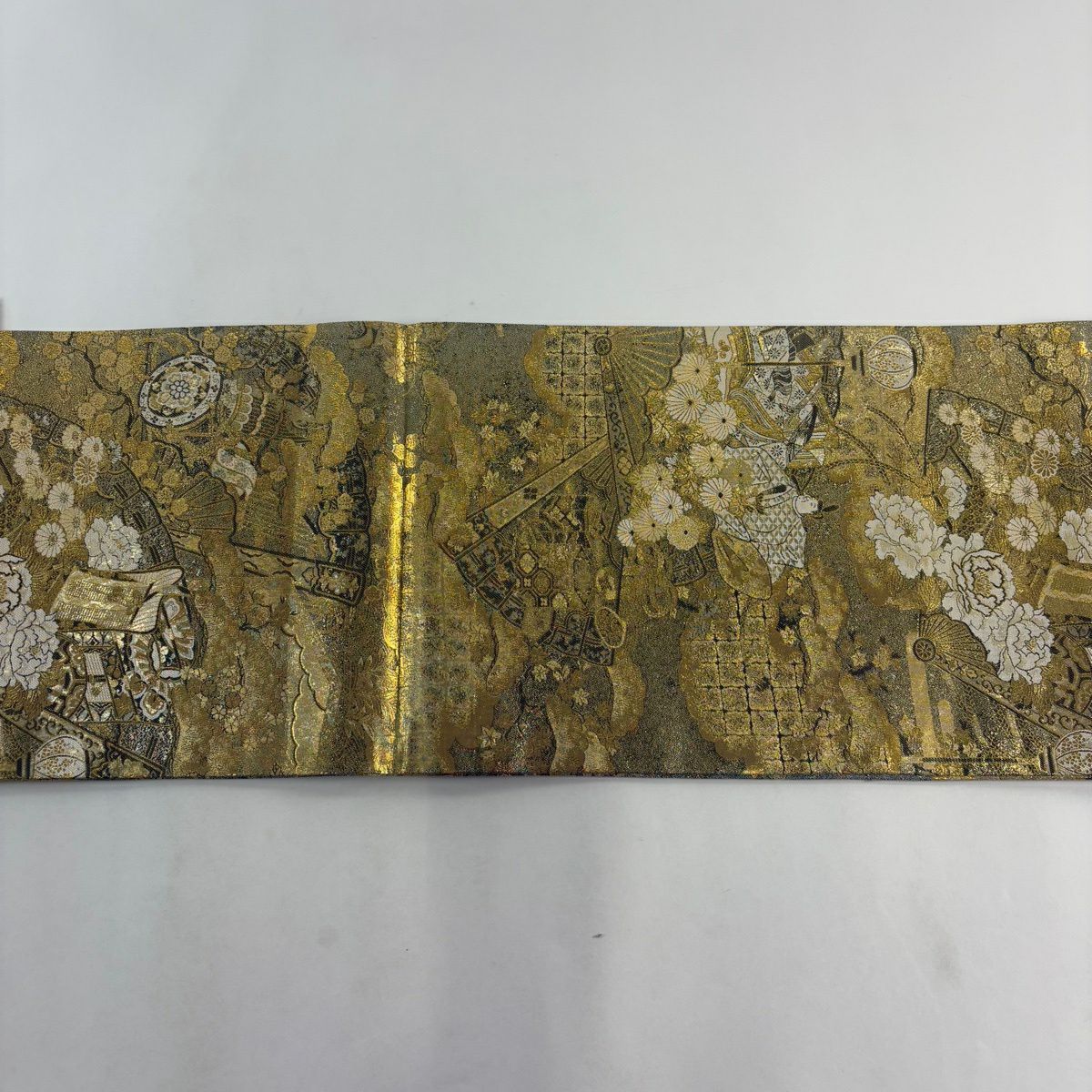 【美品】 袋帶 名品級 桧扇子 神美術 金絲 金金箔 金色 大鼓圖案 純蠶絲