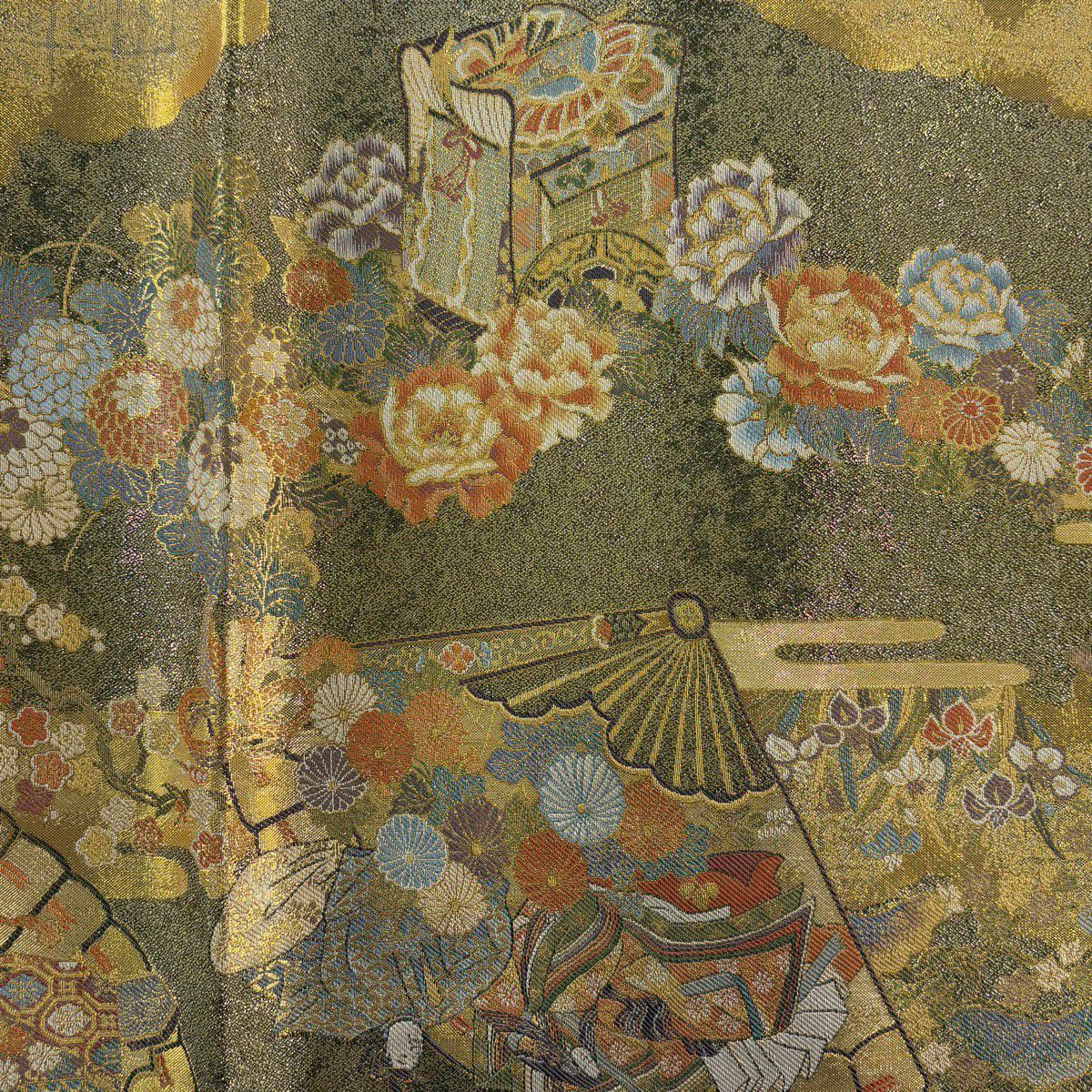 【美品】 袋帶 名品級 桧扇子 神美術 金絲 金金箔 金色 大鼓圖案 純蠶絲