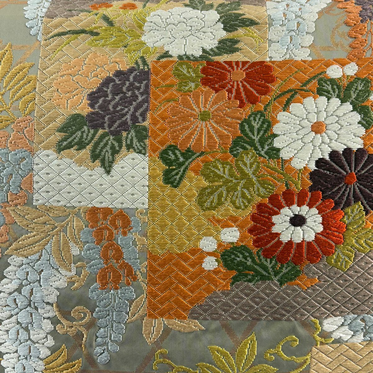 【美品】 袋帶 名品級 花短冊紋 菊花 藤 能衣唐織 灰綠 六通 純蠶絲
