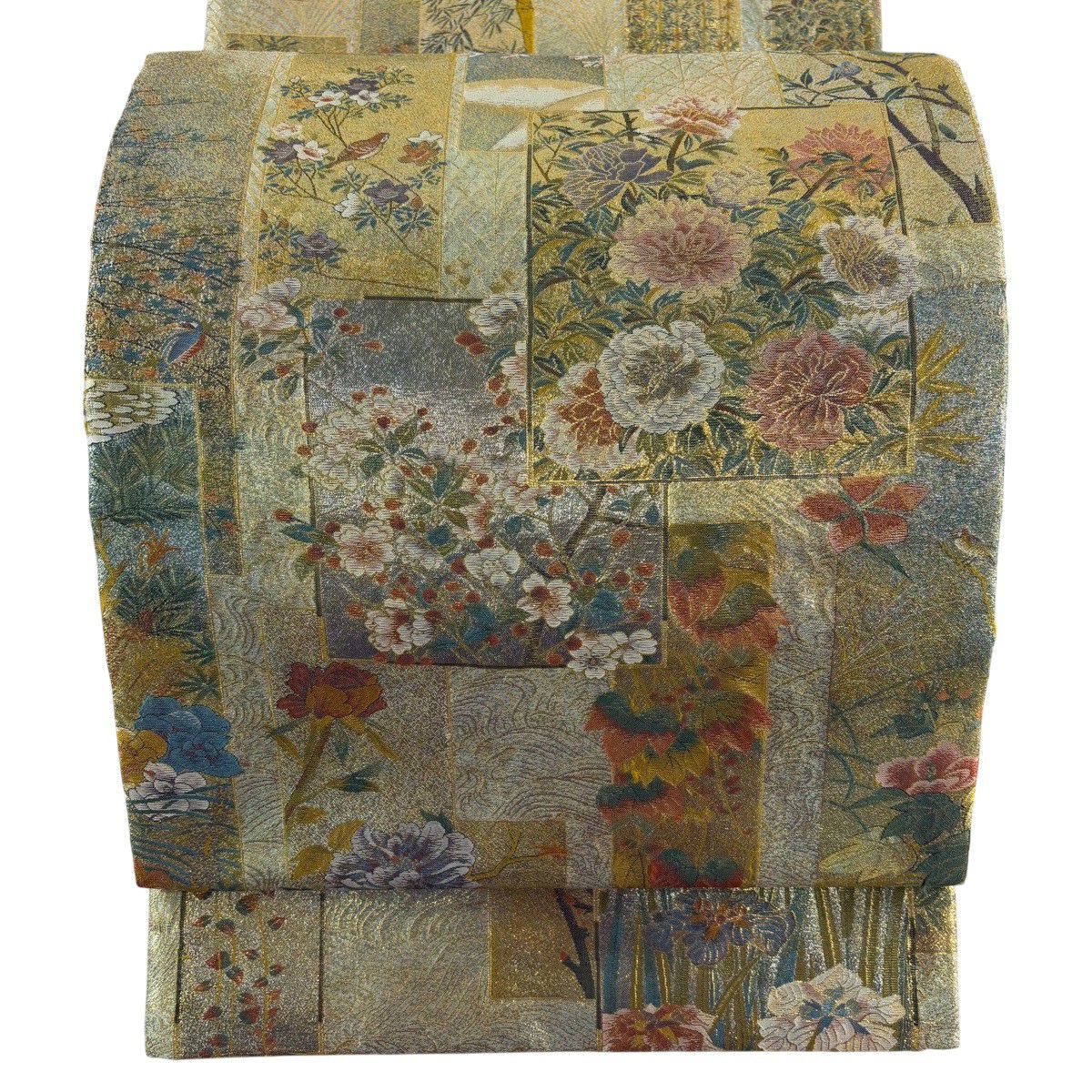【美品】 袋帶 名品級 近代花鳥畫 色紙 草花紋 金銀彩 金金箔 金色 全通 純蠶絲