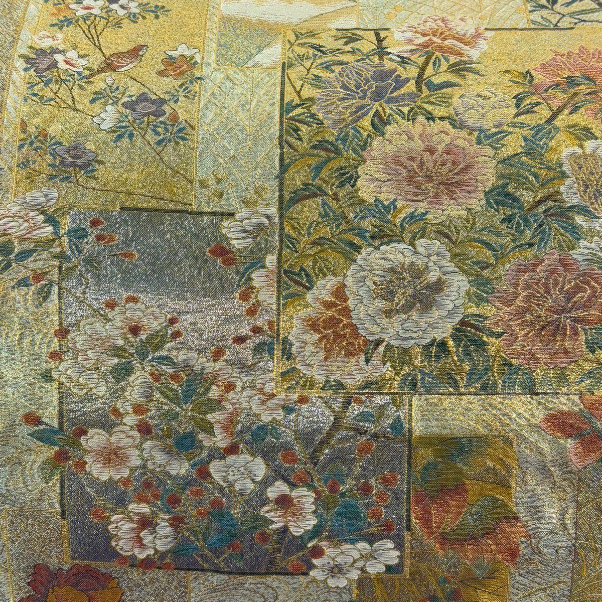 【美品】 袋帶 名品級 近代花鳥畫 色紙 草花紋 金銀彩 金金箔 金色 全通 純蠶絲
