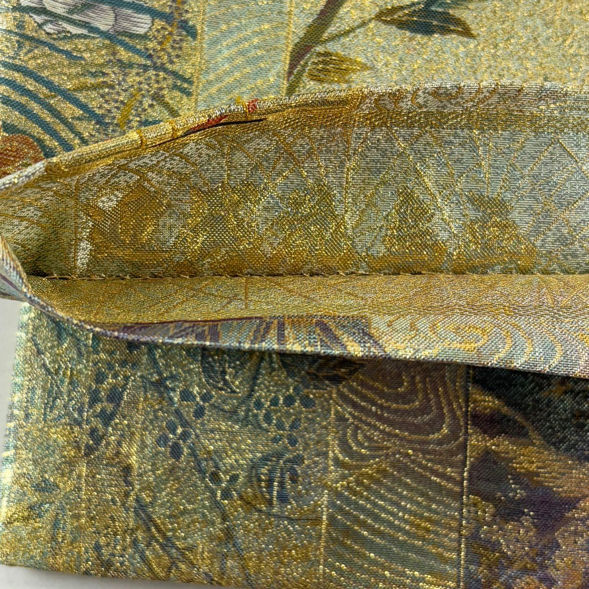 【美品】 袋帶 名品級 近代花鳥畫 色紙 草花紋 金銀彩 金金箔 金色 全通 純蠶絲