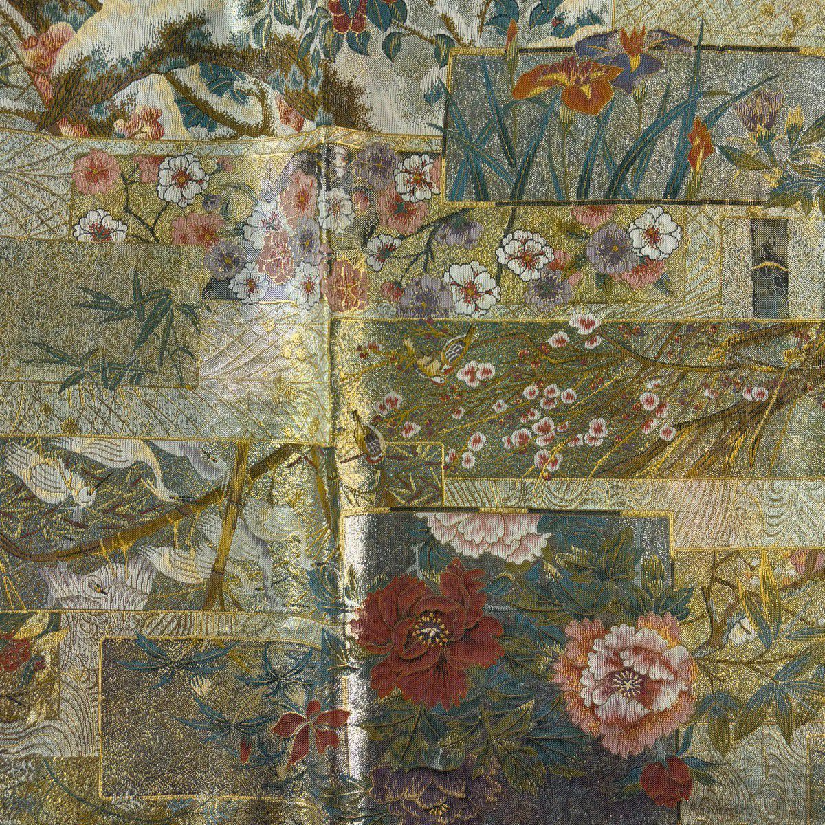 【美品】 袋帶 名品級 近代花鳥畫 色紙 草花紋 金銀彩 金金箔 金色 全通 純蠶絲