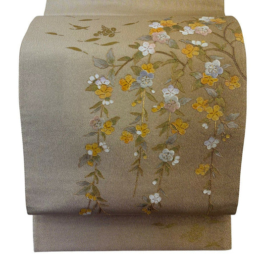 【美品】 袋帶 名品級 垂梅花葉紋 刺繡 金線 淺茶 細鼓紋 純蠶絲