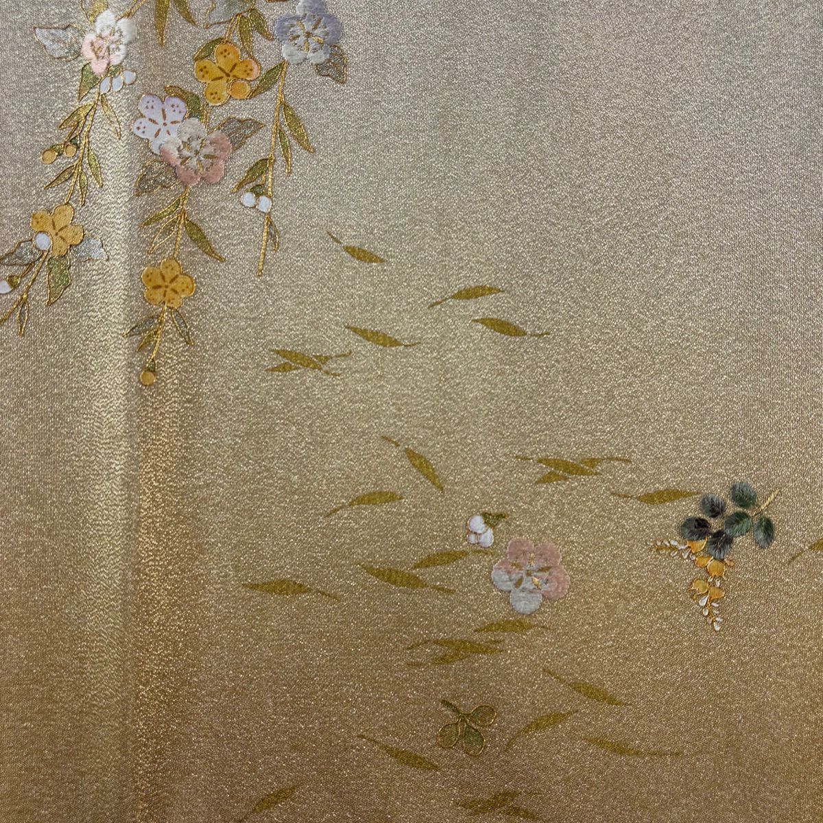 【美品】 袋帶 名品級 垂梅花葉紋 刺繡 金線 淺茶 細鼓紋 純蠶絲