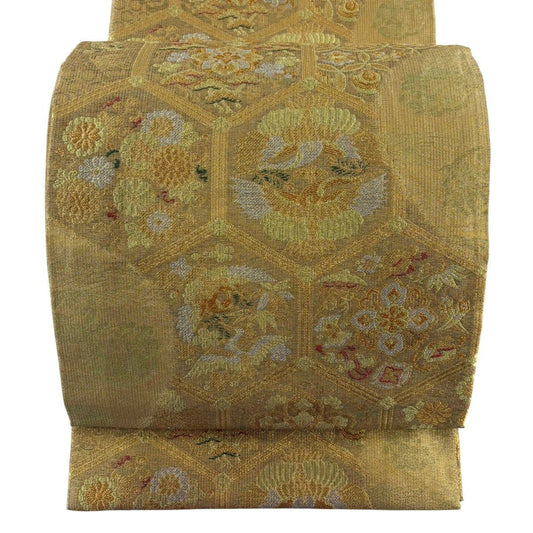 袋帶 名品級 龜甲吉祥紋 花鳥 金銀絲 金金箔 金色 六通 純蠶絲