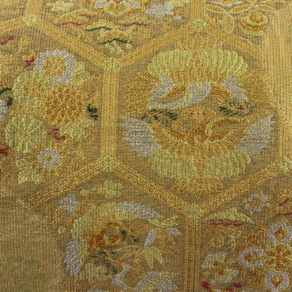 袋帶 名品級 龜甲吉祥紋 花鳥 金銀絲 金金箔 金色 六通 純蠶絲