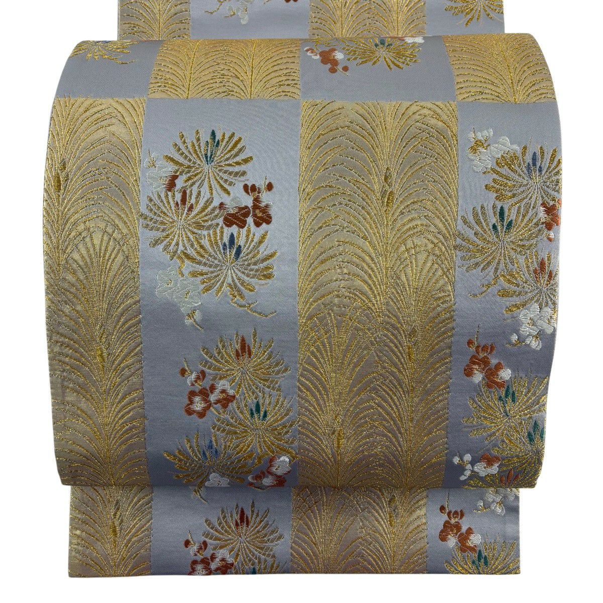 【美品】 袋帶 名品級 松樹梅花秀壽文 松樹 梅花 金絲 金金箔 灰色 六通 純蠶絲