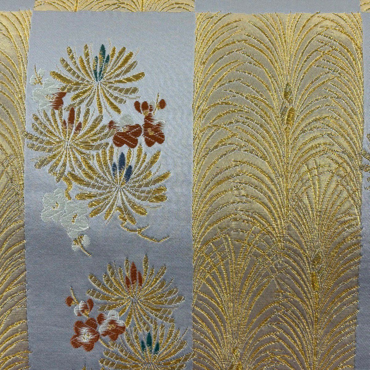 【美品】 袋帶 名品級 松樹梅花秀壽文 松樹 梅花 金絲 金金箔 灰色 六通 純蠶絲