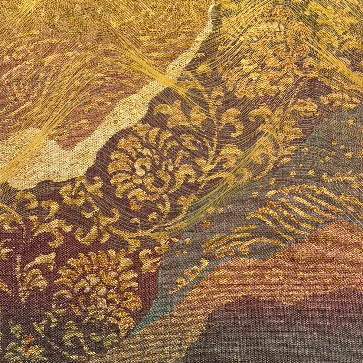 【美品】 袋帶 名品級 花唐草紋 波 金絲 金金箔 茶 純蠶絲