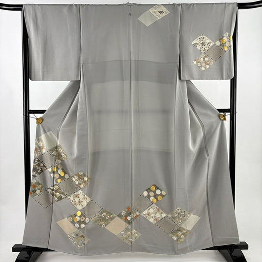 訪問服 身長160cm 袖長66cm M 雙層 松樹竹子梅花 菊花唐草紋 刺繡 金糸 灰 純蠶絲 名品級 一つ紋