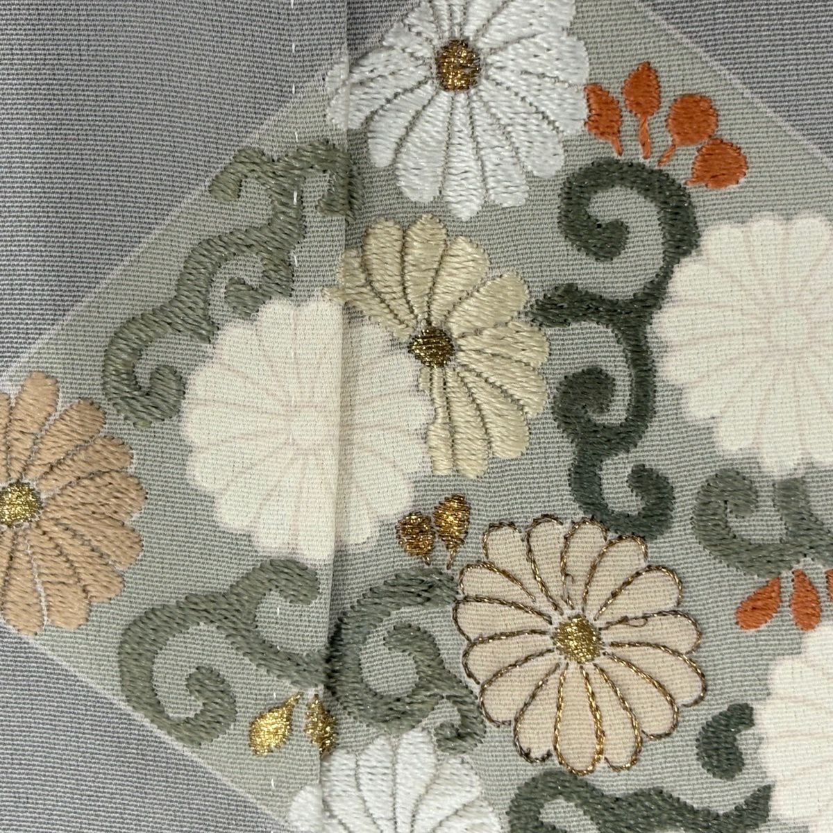 訪問服 身長160cm 袖長66cm M 雙層 松樹竹子梅花 菊花唐草紋 刺繡 金糸 灰 純蠶絲 名品級 一つ紋