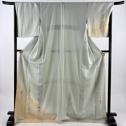 付下 身長173cm 袖長68cm L 雙層 雲母塾 有落款 菊花 秋草 螺鈿 金銀彩 淺綠 純蠶絲 名品級