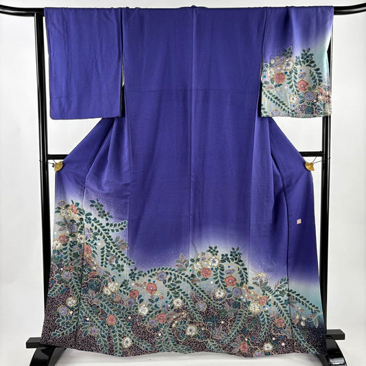 付下 身長163cm 袖長68cm L 雙層 有落款 辻花染 紫 純蠶絲 名品級