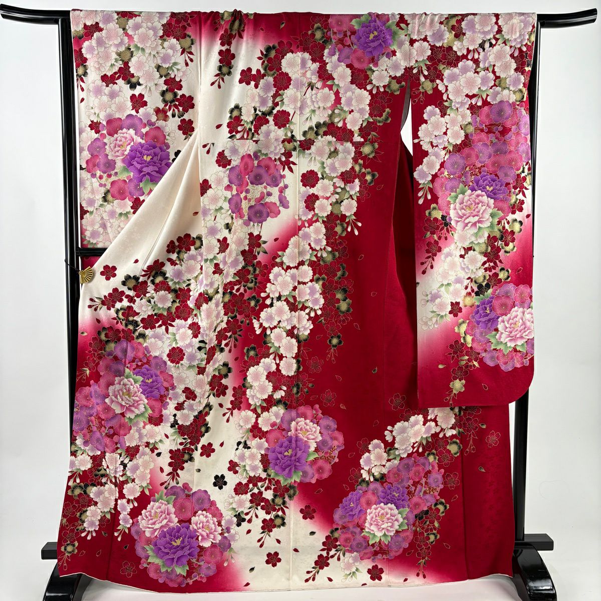 【美品】振袖禮服 身長169.5cm 袖長67cm M 雙層 牡丹 梅花 金銀彩 拉麵 紅 純蠶絲 名品級