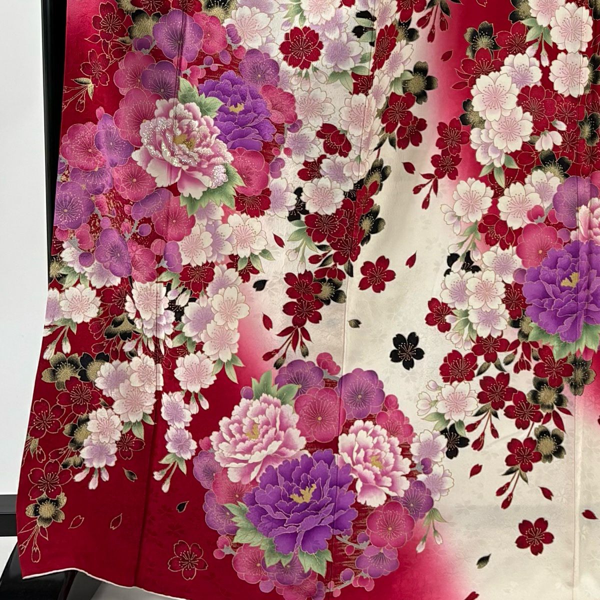 【美品】振袖禮服 身長169.5cm 袖長67cm M 雙層 牡丹 梅花 金銀彩 拉麵 紅 純蠶絲 名品級