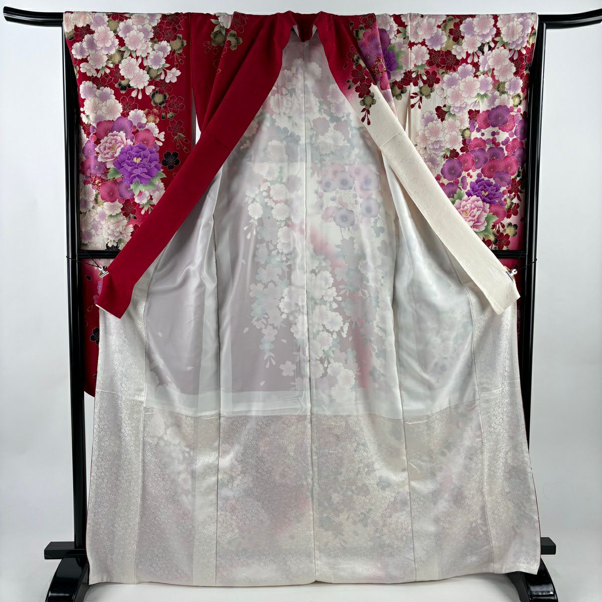 【美品】振袖禮服 身長169.5cm 袖長67cm M 雙層 牡丹 梅花 金銀彩 拉麵 紅 純蠶絲 名品級