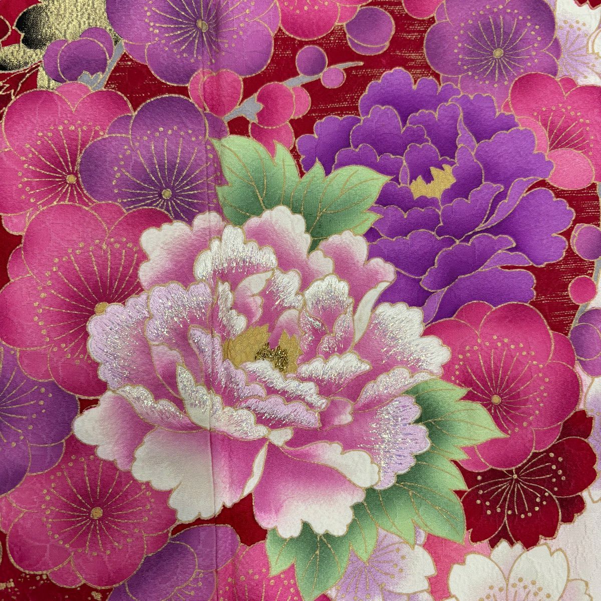 【美品】振袖禮服 身長169.5cm 袖長67cm M 雙層 牡丹 梅花 金銀彩 拉麵 紅 純蠶絲 名品級