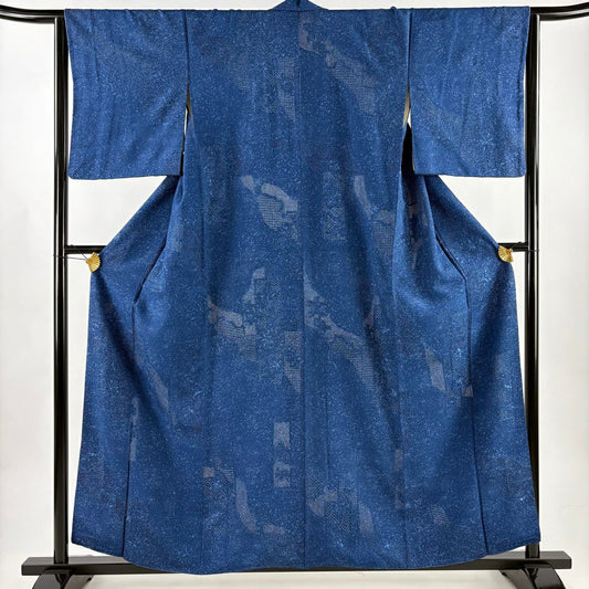 小紋 身長158cm 袖長63.5cm S 雙層 直領 草花紋紋 幾何學刺繡 漸層 深藍 純蠶絲 名品級