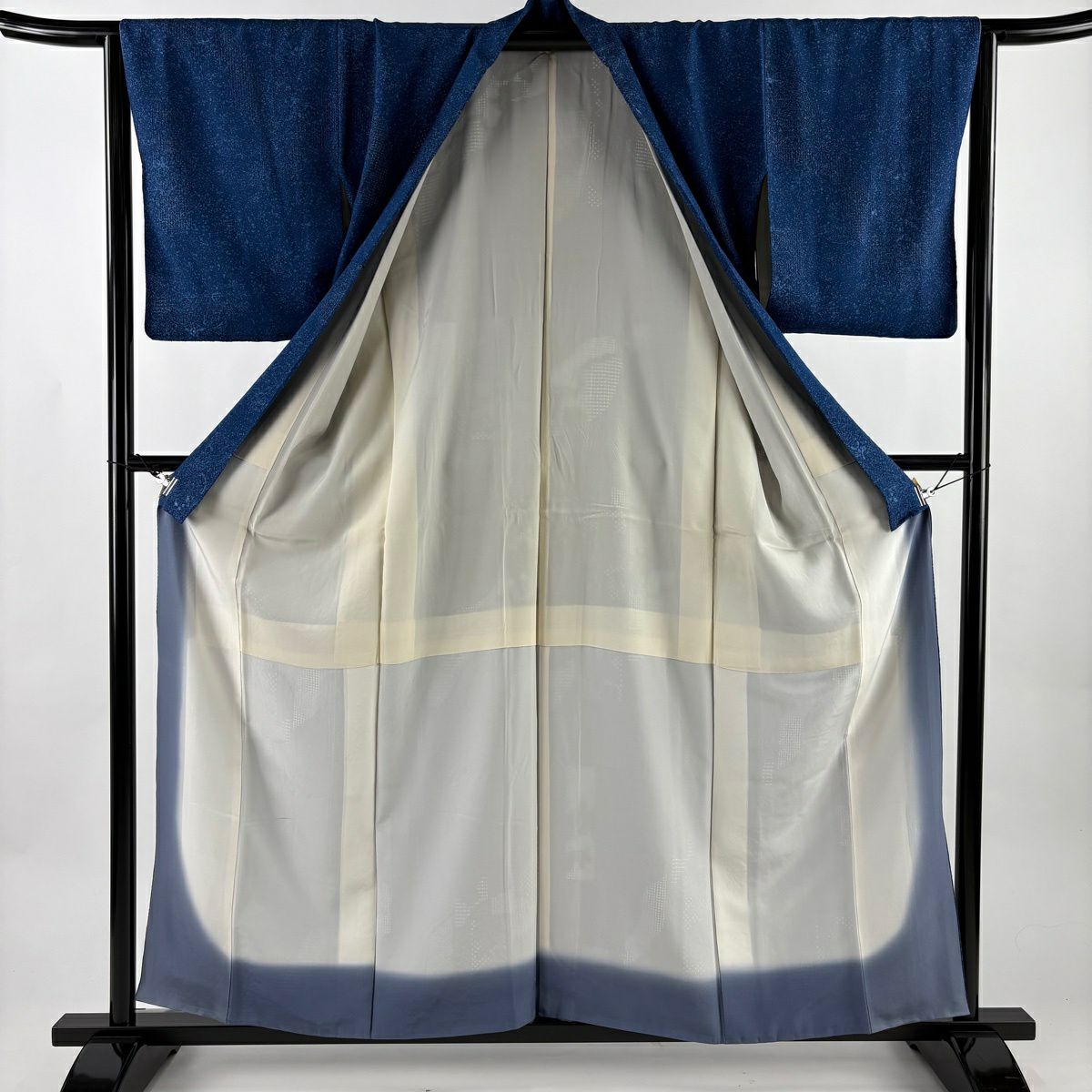小紋 身長158cm 袖長63.5cm S 雙層 直領 草花紋紋 幾何學刺繡 漸層 深藍 純蠶絲 名品級