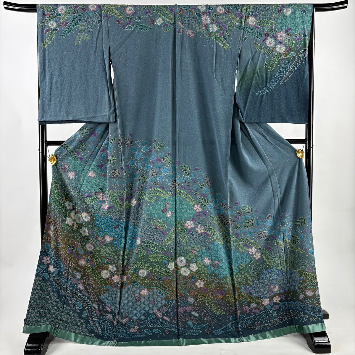 【美品】訪問服 身長170cm 袖長65.5cm 未裁縫 仮絵羽 辻花染 染分 ぼかし 灰綠 純蠶絲 名品級