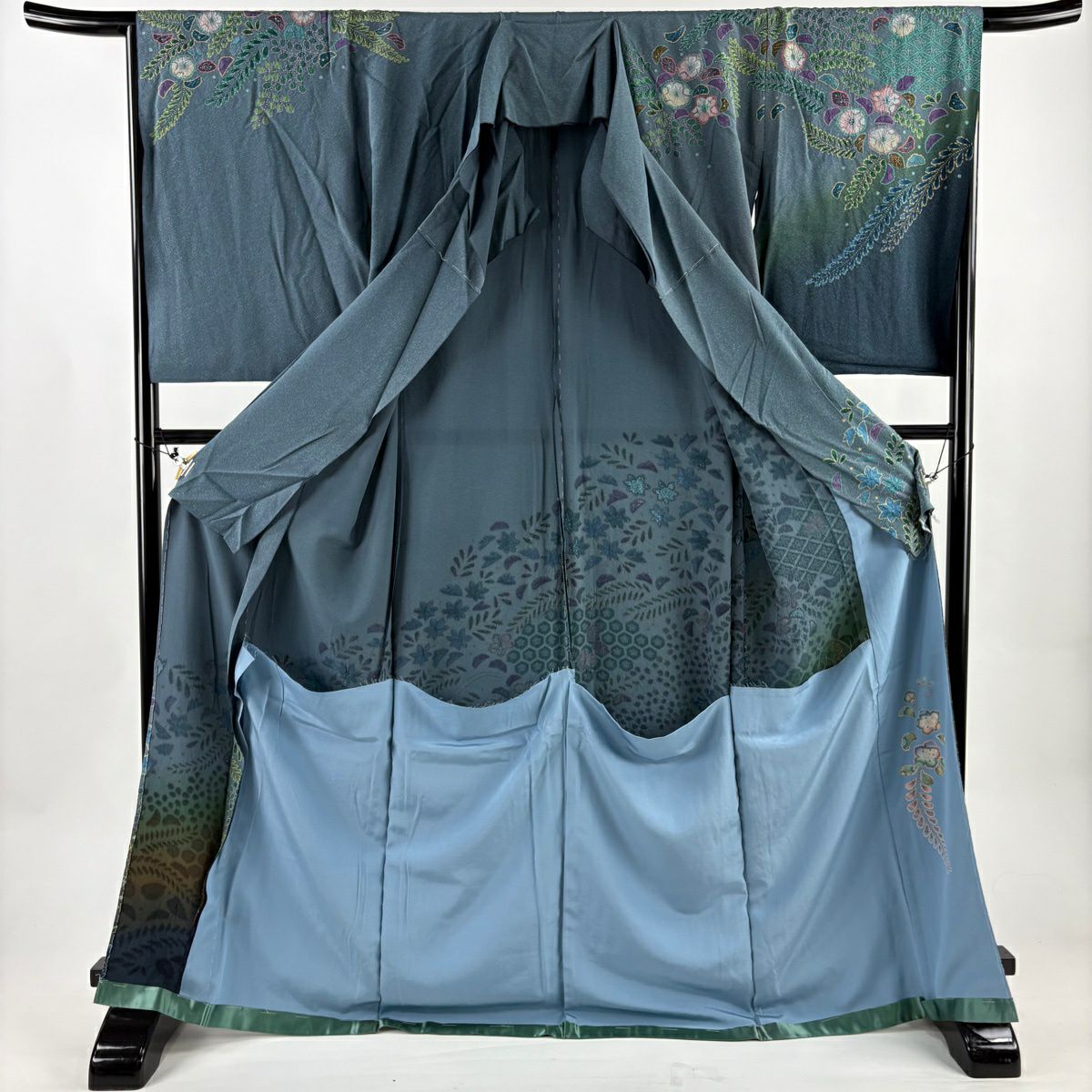 【美品】訪問服 身長170cm 袖長65.5cm 未裁縫 仮絵羽 辻花染 染分 ぼかし 灰綠 純蠶絲 名品級