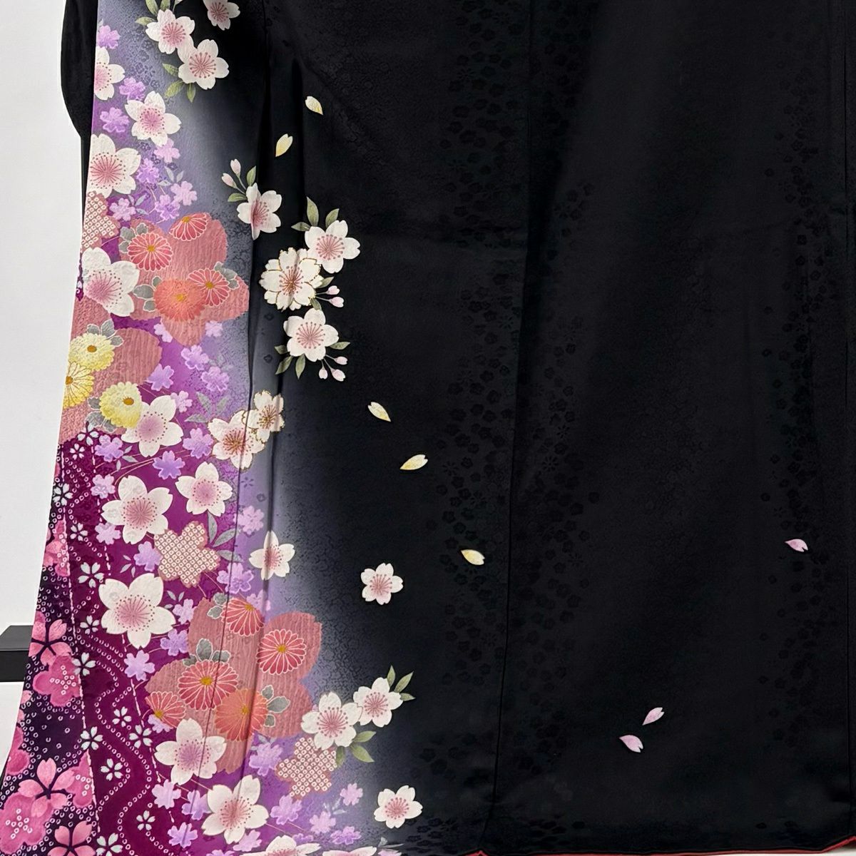 振袖禮服 身長174cm 袖長70cm L 雙層櫻花菊花金金箔金銀彩黑純蠶絲名品級