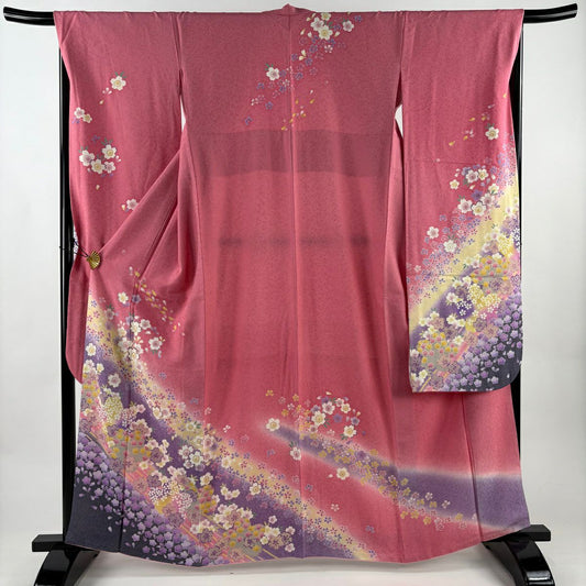 【美品】振袖禮服 身長162.5cm 袖長67cm M 雙層 櫻花 地紋 金金箔 金銀彩 粉紅 純蠶絲 名品級