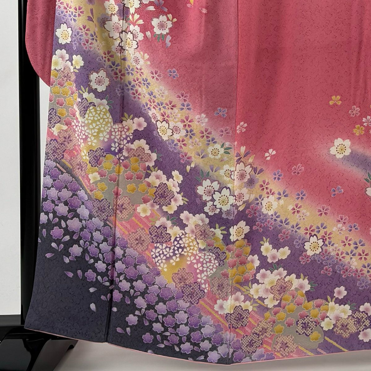 【美品】振袖禮服 身長162.5cm 袖長67cm M 雙層 櫻花 地紋 金金箔 金銀彩 粉紅 純蠶絲 名品級