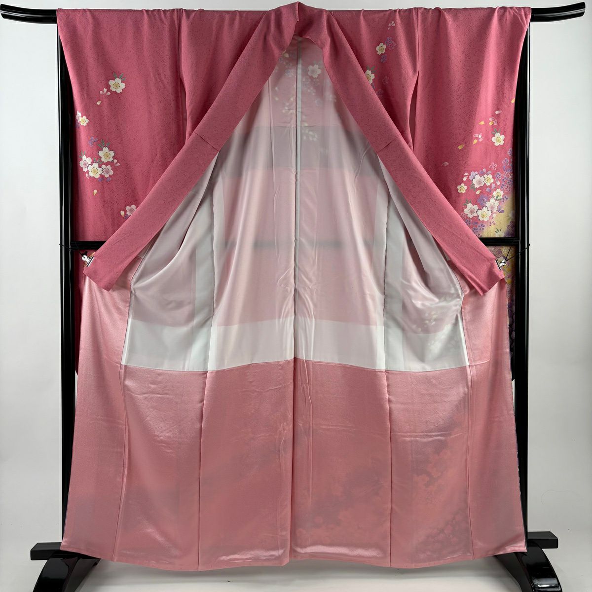 【美品】振袖禮服 身長162.5cm 袖長67cm M 雙層 櫻花 地紋 金金箔 金銀彩 粉紅 純蠶絲 名品級