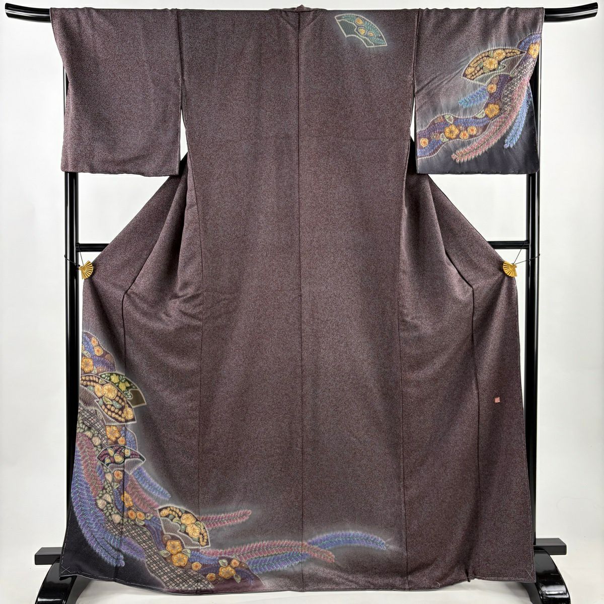 【美品】訪問服 身長168cm 袖長68cm L 雙層 落款あり 扇子面 辻花染 金通し 絞染 茶紫 純蠶絲 名品級