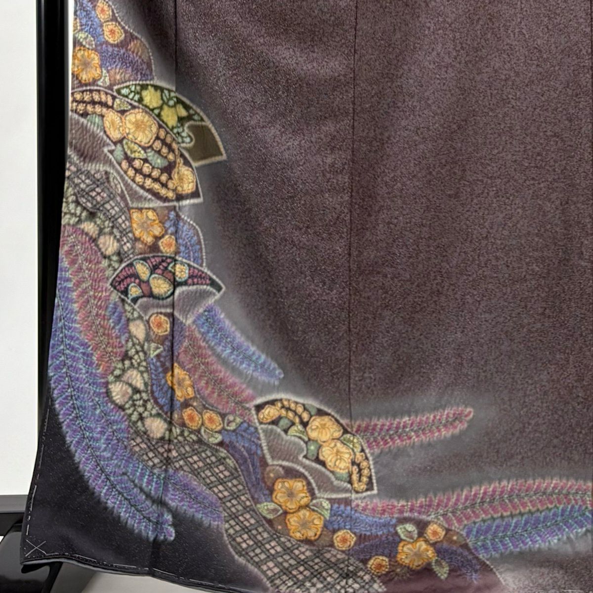 【美品】訪問服 身長168cm 袖長68cm L 雙層 落款あり 扇子面 辻花染 金通し 絞染 茶紫 純蠶絲 名品級