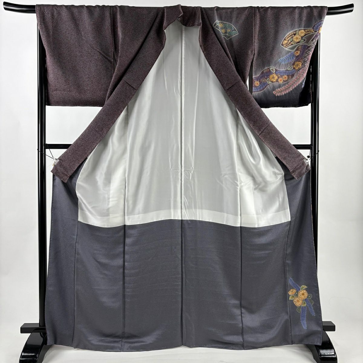 【美品】訪問服 身長168cm 袖長68cm L 雙層 落款あり 扇子面 辻花染 金通し 絞染 茶紫 純蠶絲 名品級