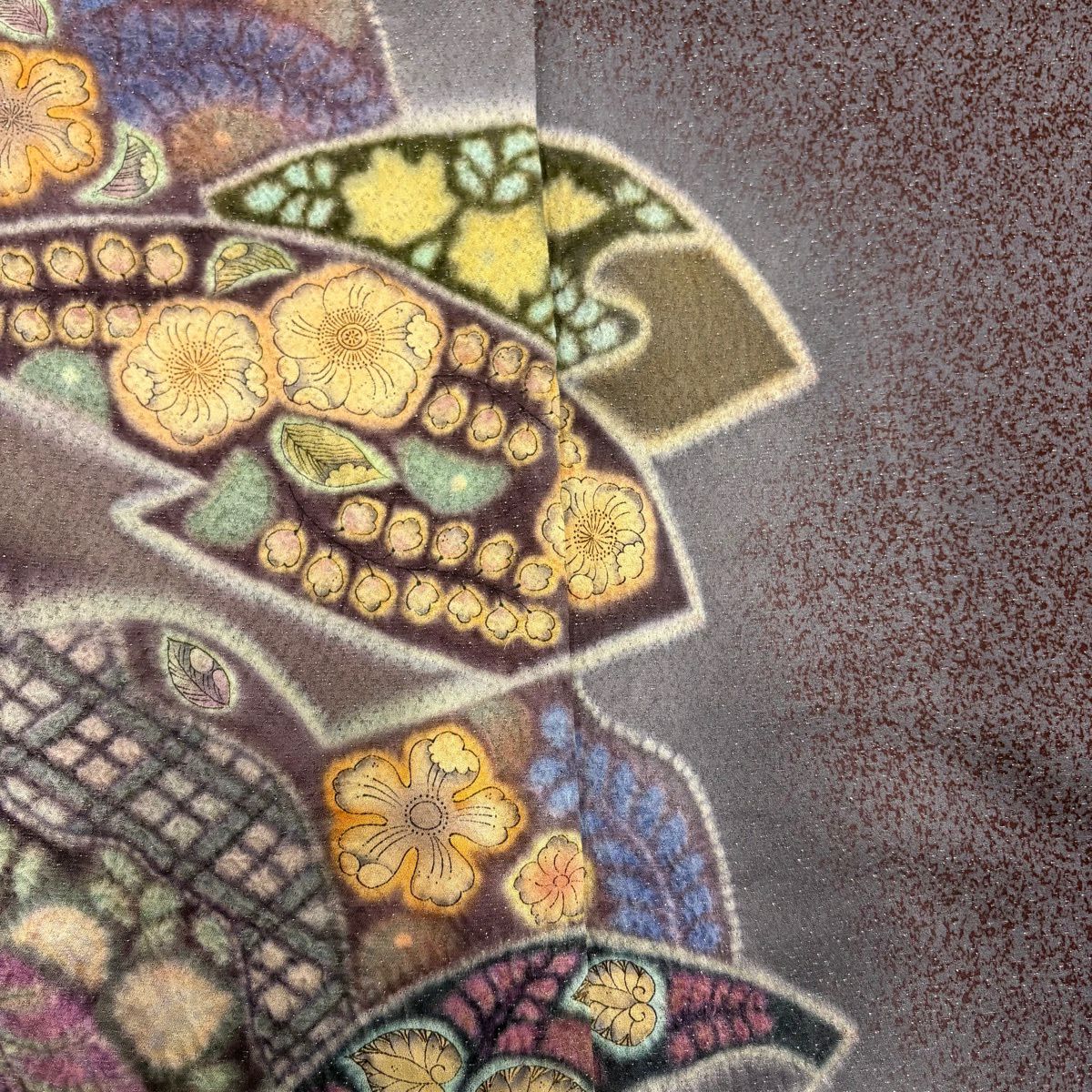 【美品】訪問服 身長168cm 袖長68cm L 雙層 落款あり 扇子面 辻花染 金通し 絞染 茶紫 純蠶絲 名品級