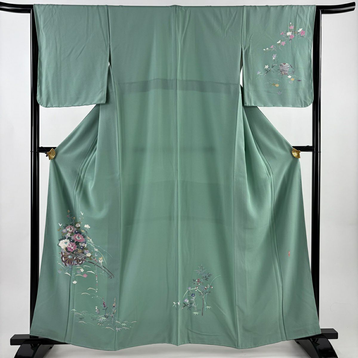 付下 身長160.5cm 袖長64.5cm M 雙層 落款有 花車 露芝 淺綠 純蠶絲 名品級