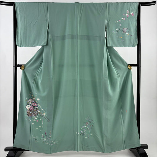 付下 身長160.5cm 袖長64.5cm M 雙層 落款有 花車 露芝 淺綠 純蠶絲 名品級