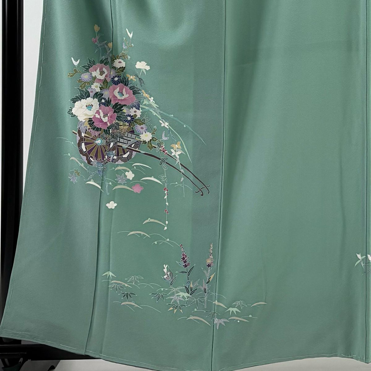 付下 身長160.5cm 袖長64.5cm M 雙層 落款有 花車 露芝 淺綠 純蠶絲 名品級