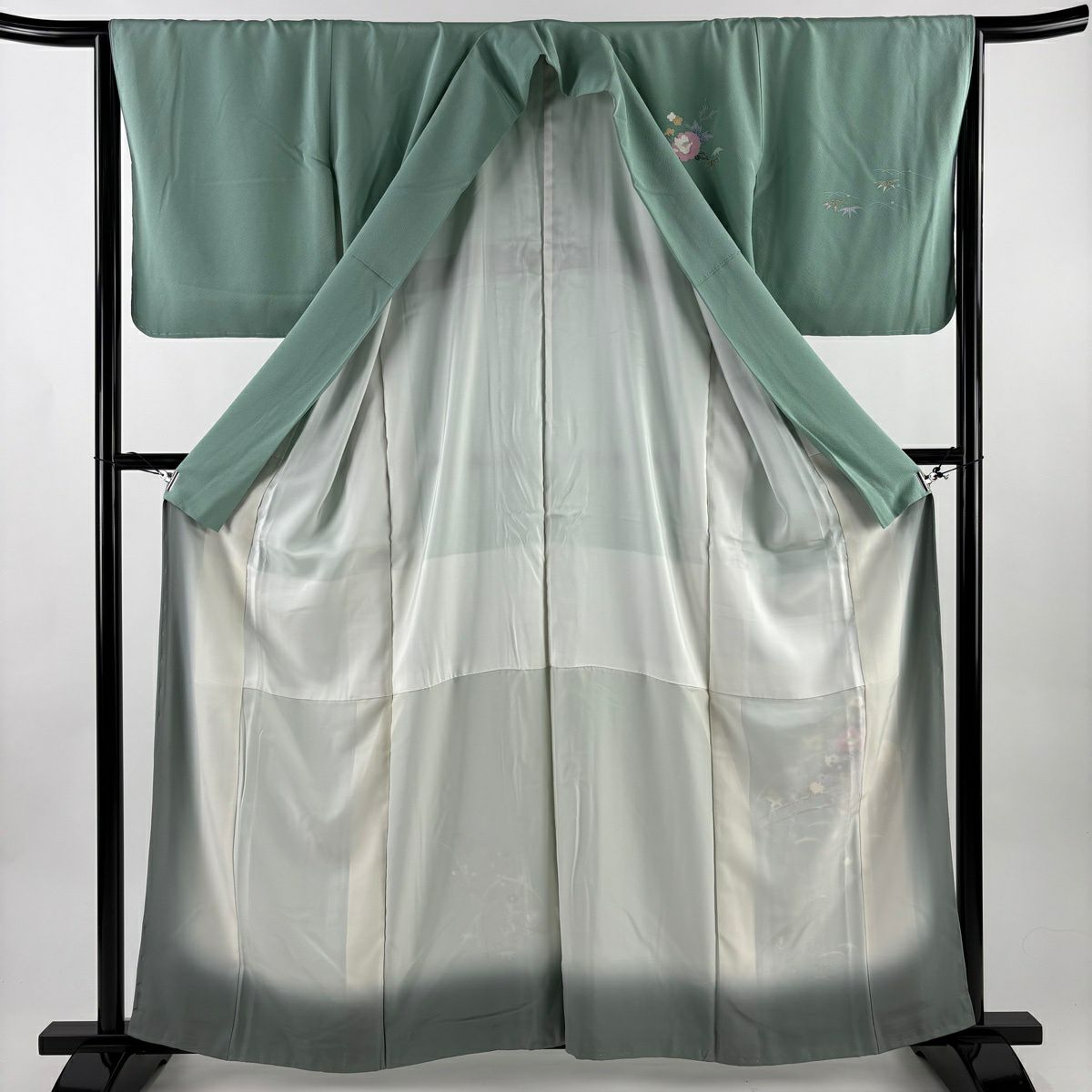 付下 身長160.5cm 袖長64.5cm M 雙層 落款有 花車 露芝 淺綠 純蠶絲 名品級